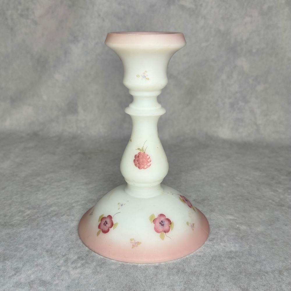 Fenton Signed Hand Painted Blossom & Berries Satin Milk Glass Candlestick Holder